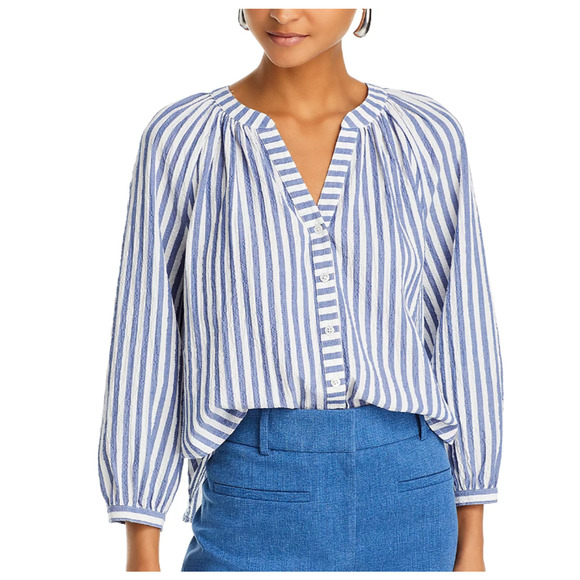 VERONICA BEARD TOP WOMENS MEDIUM JUDITH V-NECK PUFF SLEEVE BLOUSE BLUE WHITE - Picture 1 of 13